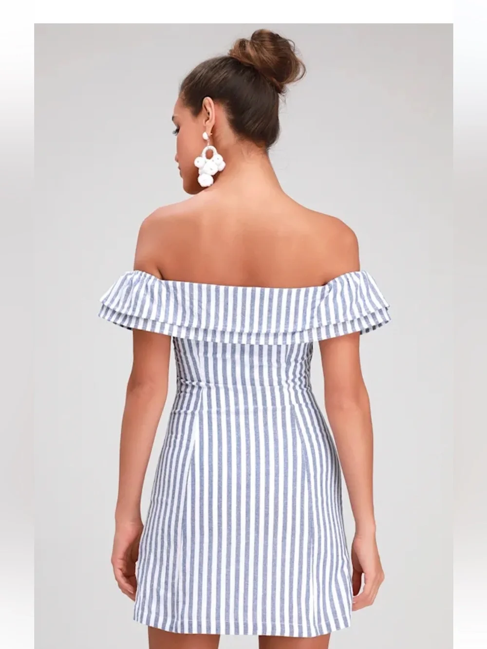 Lulus Seaside Skipper Blue Striped Off-the-Shoulder Mini Dress size SM new - Picture 2 of 6